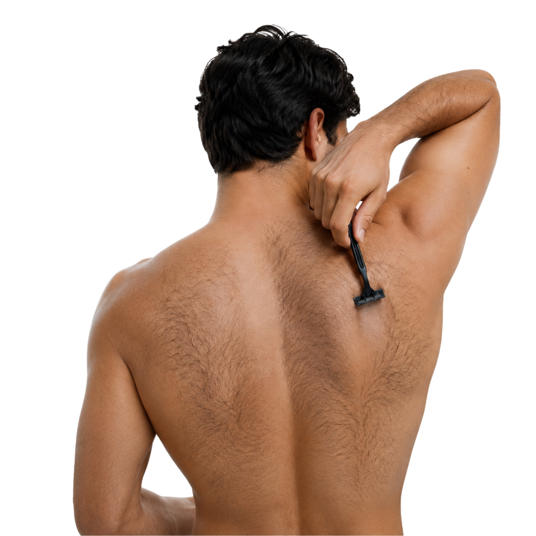 Man Trying To Shave Back In Mirror